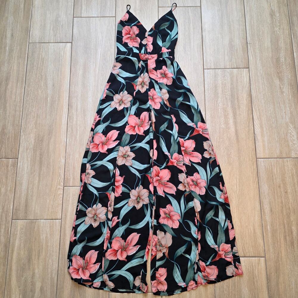 Fab'rik Jumpsuit Womens M Black Floral Wide Leg Slit Leg Tie Back Abstract Boho